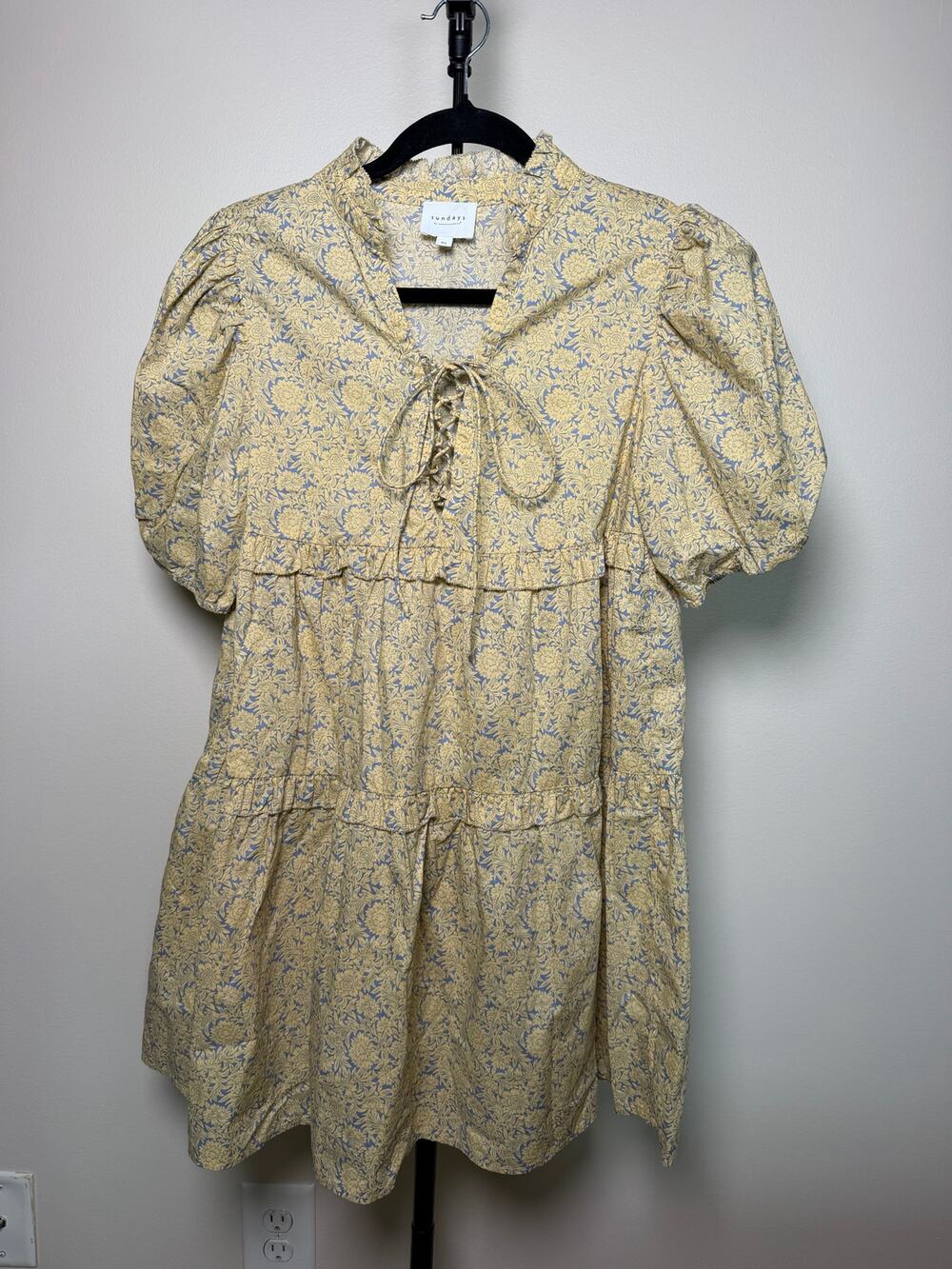 Sundays Yellow and Blue Cotton Babydoll Floral Mini Dress Size XS